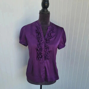 George Women's Purple Satin Short Sleeve Button Down Stretch Blouse S (4/6)